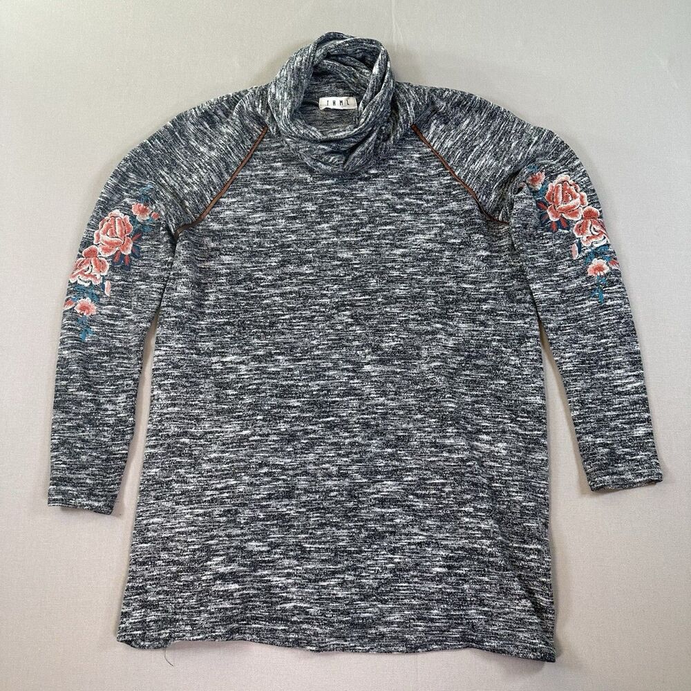 THML Women Blouse Size M Gray Embroidered Flowers Sleeves Academia Cottagecore